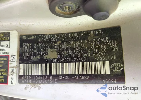 2007 Toyota Avalon Xls из США, поврежденный, VIN 4T1BK36B37U228408